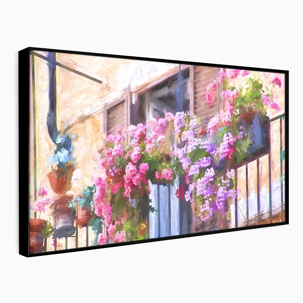 Tablou canvas cu pictura cu balcon plin de flori roz, in rama de aluminiu negru